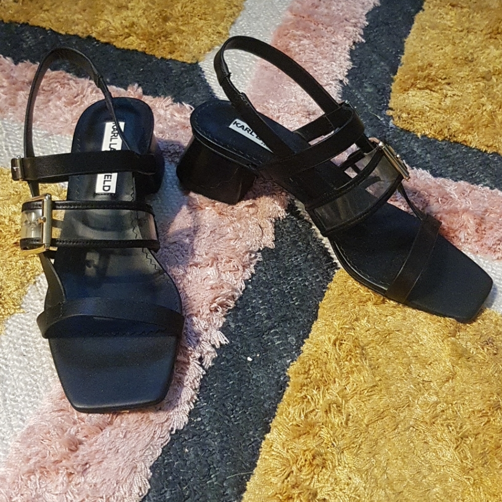 NWT Karl Lagerfeld Black Leather Heeled Sandals